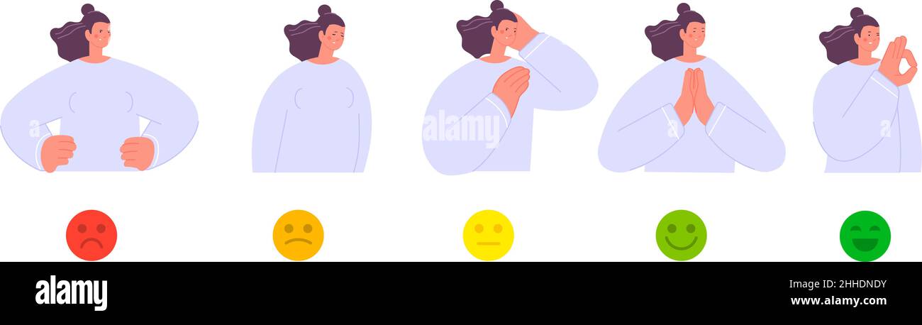 Female mood. Different moods of woman. Girl angry, sad, neutral and happy. Positive and negative emotions scale of adult person, flat cartoon vector Stock Vector