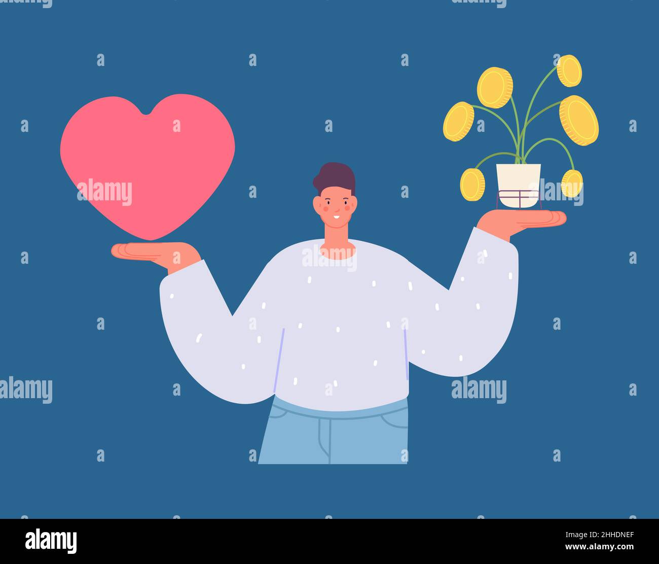 Man choose between love and money. Family or work, life balance metaphor. Young male character with coin tree and heart, vector illustration Stock Vector