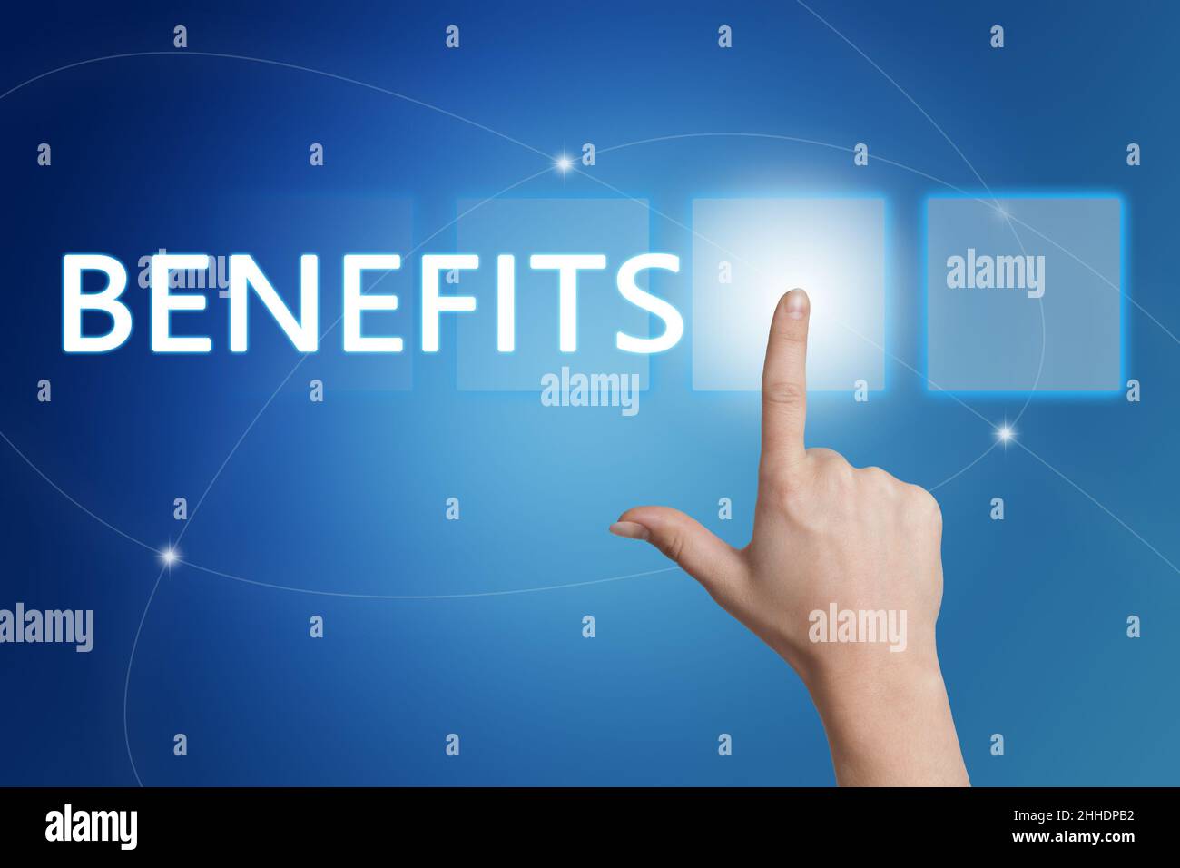 Benefits - Hand button on interface with blue background Stock Photo ...
