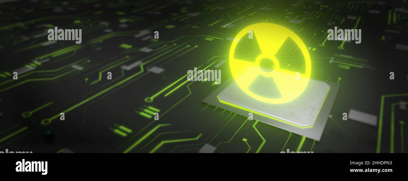 Cyber war with nuclear symbol hologram on a processor technology concept Stock Photo