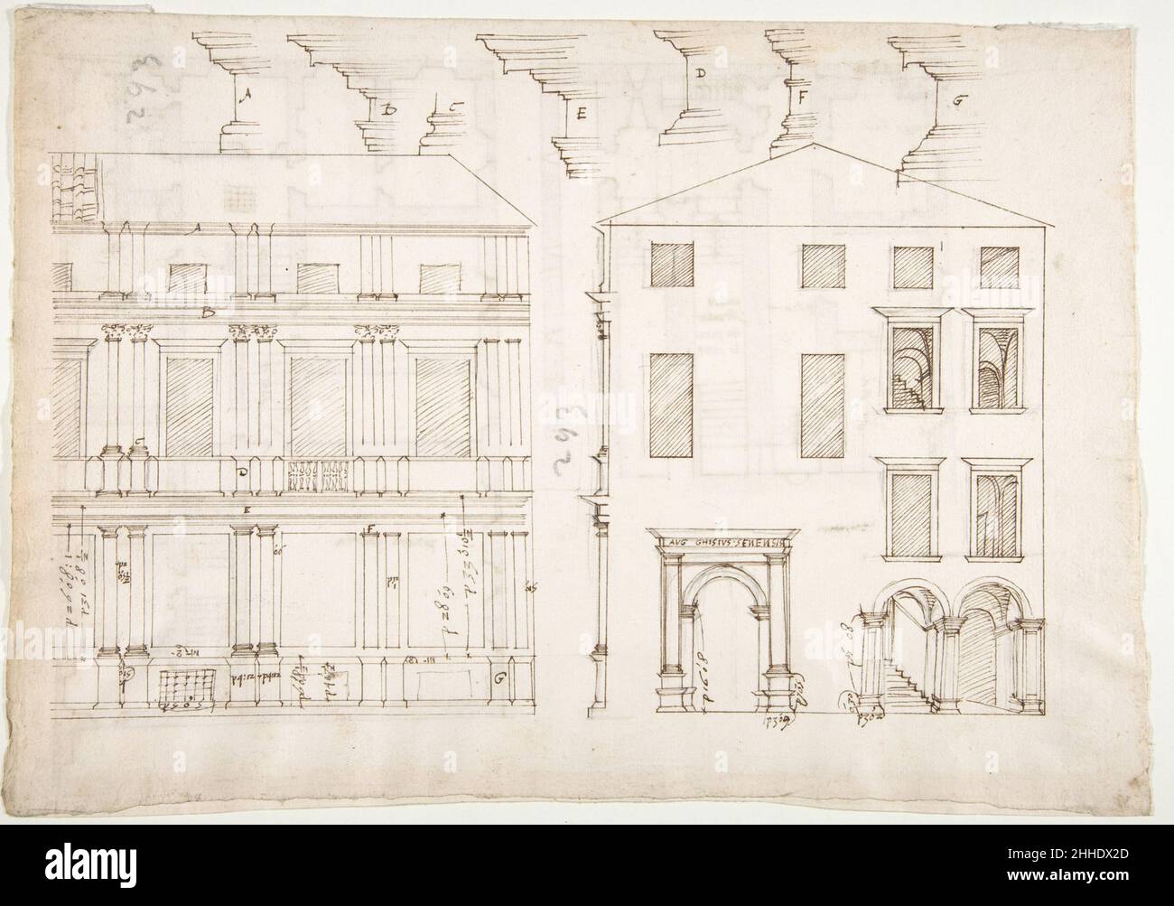 Villa Farnesina, Stables, half front elevation and end elevation (recto) Palazzo Salviati-Adimari, plan (verso) early to mid-16th century Drawn by Anonymous, French, 16th century French. Villa Farnesina, Stables, half front elevation and end elevation (recto) Palazzo Salviati-Adimari, plan (verso). early to mid-16th century. Dark brown ink, black chalk, ink wash, and incised lines. Drawings Stock Photo