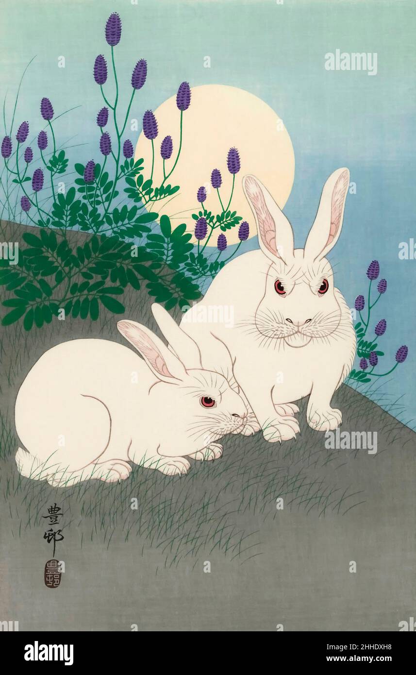Rabbits at Full Moon by Japanese artist Ohara Koson, 1877 - 1945.  Ohara Koson was part of the shin-hanga, or new prints movement. Stock Photo