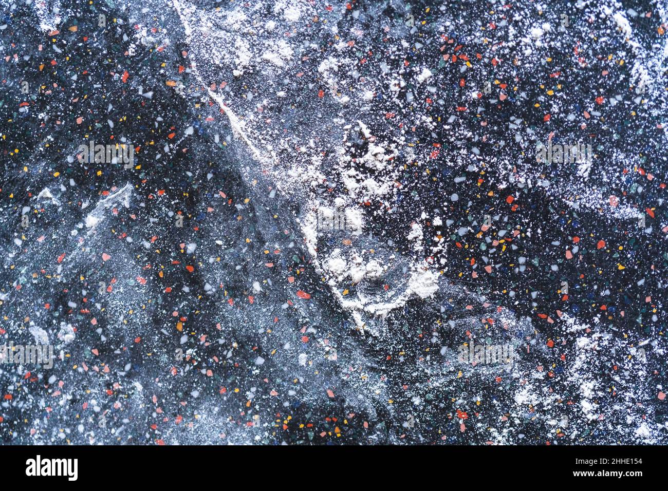 Kitchen countertop covered with all purpose flour after baking. Stock Photo