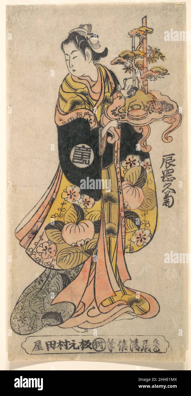 The Actor Tatsuoka Hisagiku in the Role of Kurenai 1739 Kiyonobu II Japanese The Osaka Kabuki actor Tatsuoka Hisagaku appeared in the role of the young woman Kurenai, carrying a New Year's decoration of pine, crane and tortoise in the play 'Miyakozome Kaoru Hachinoki' which was produced in Tokyo at the Nakamuraza theather in 1739. Often the colors of a hand-painted print were enriched by a glossy, lacquer-like black (urushi) made by mixing black ink and glue. In addition, brass filings are sprinkled on the robe to highlight the design and to give the print a richer, more painterly effect. The Stock Photo
