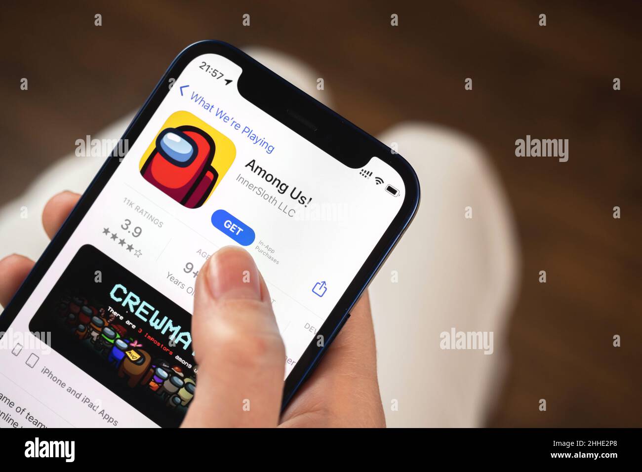 Kharkov, Ukraine January 19, 2022 Among Us game app. Girl holding