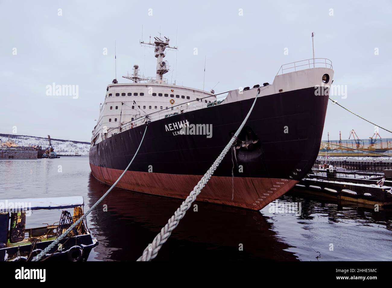 Nuclear icebreaker Lenin in the port of Murmansk in winter. the ...