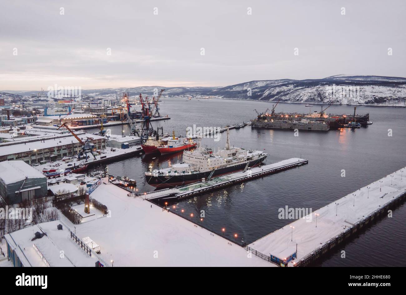 Lenin Soviet nuclear-powered icebreaker in port of Murmansk among the ships. Top view. Stock Photo