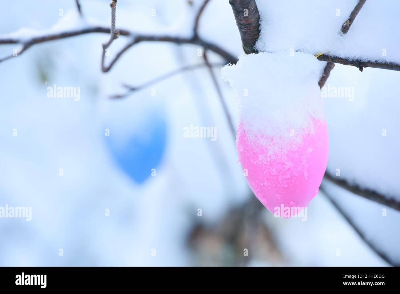 beautiful easter eggs on a tree branch outdoors Stock Photo