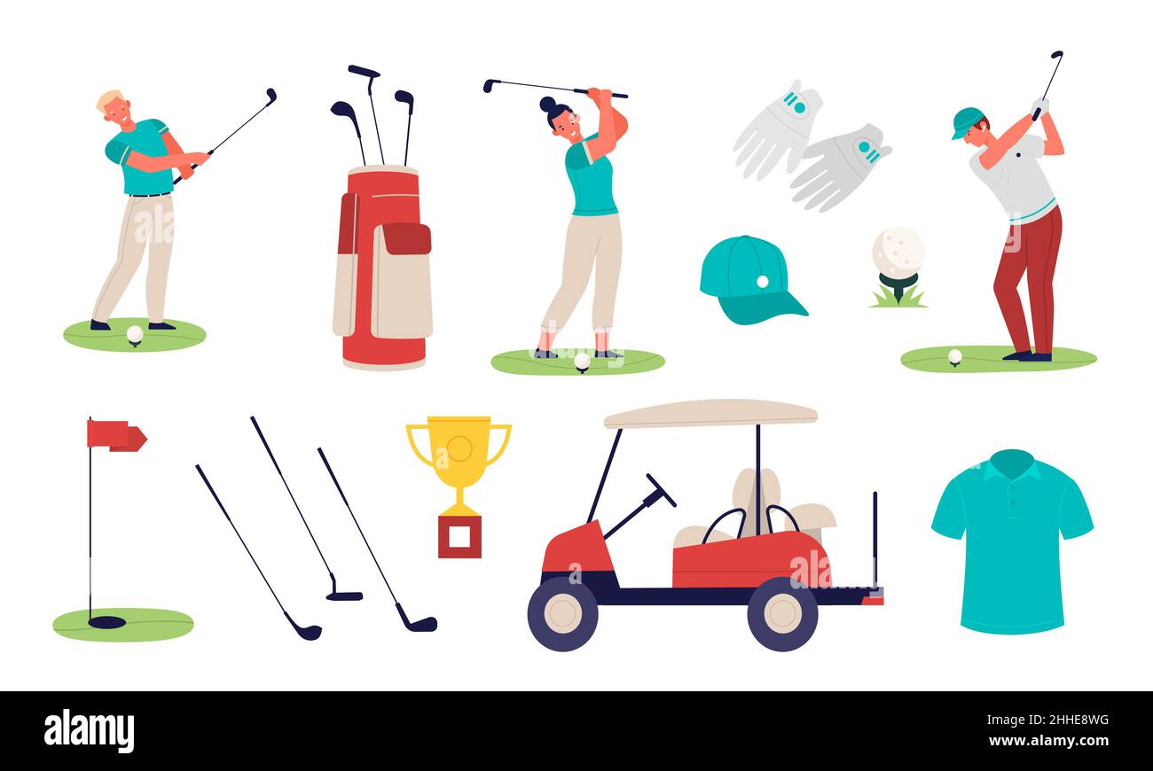 Golf equipment. Golfers characters with clubs, hitting moment, ball