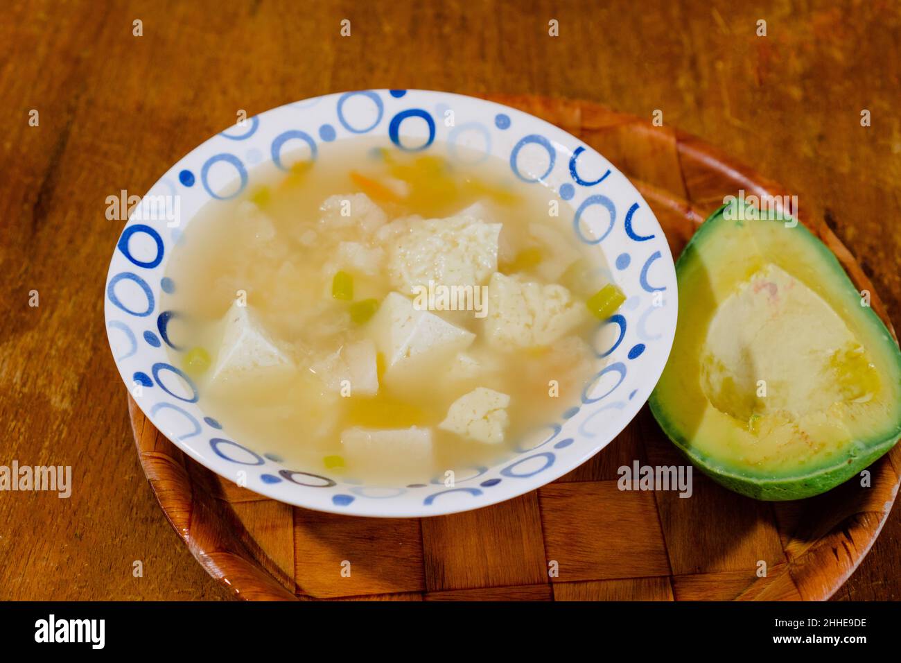 A bowl of Colombian mote de queso, thick yam soup with onion, garlic