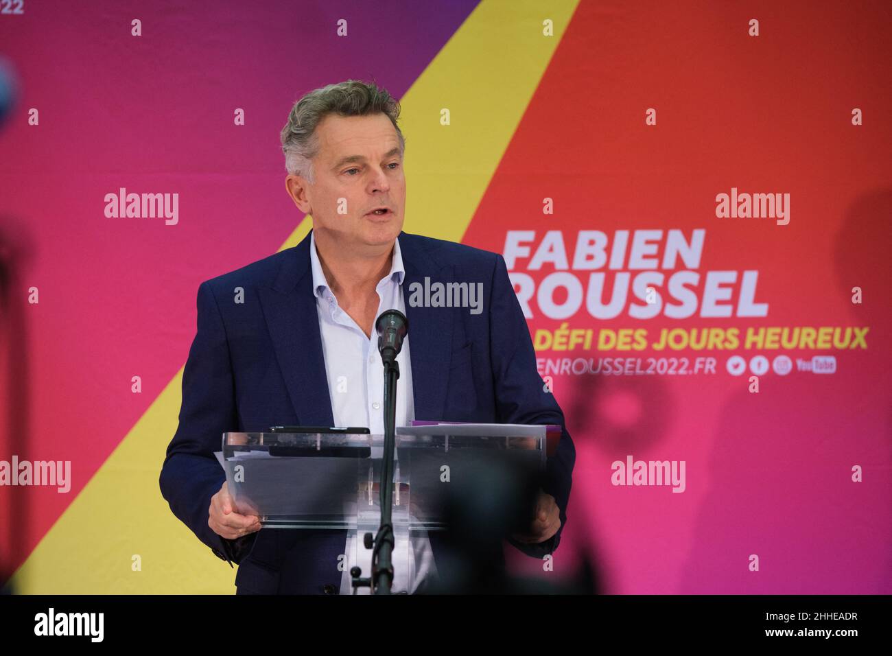 Presidential candidate of French communist party (PCF) Fabien Roussel gives a press conference to present his programm at the party's headquarters in Paris, France on January 24, 2022. Photo by Pierrick Villette/ABACAPRESS.COM Stock Photo