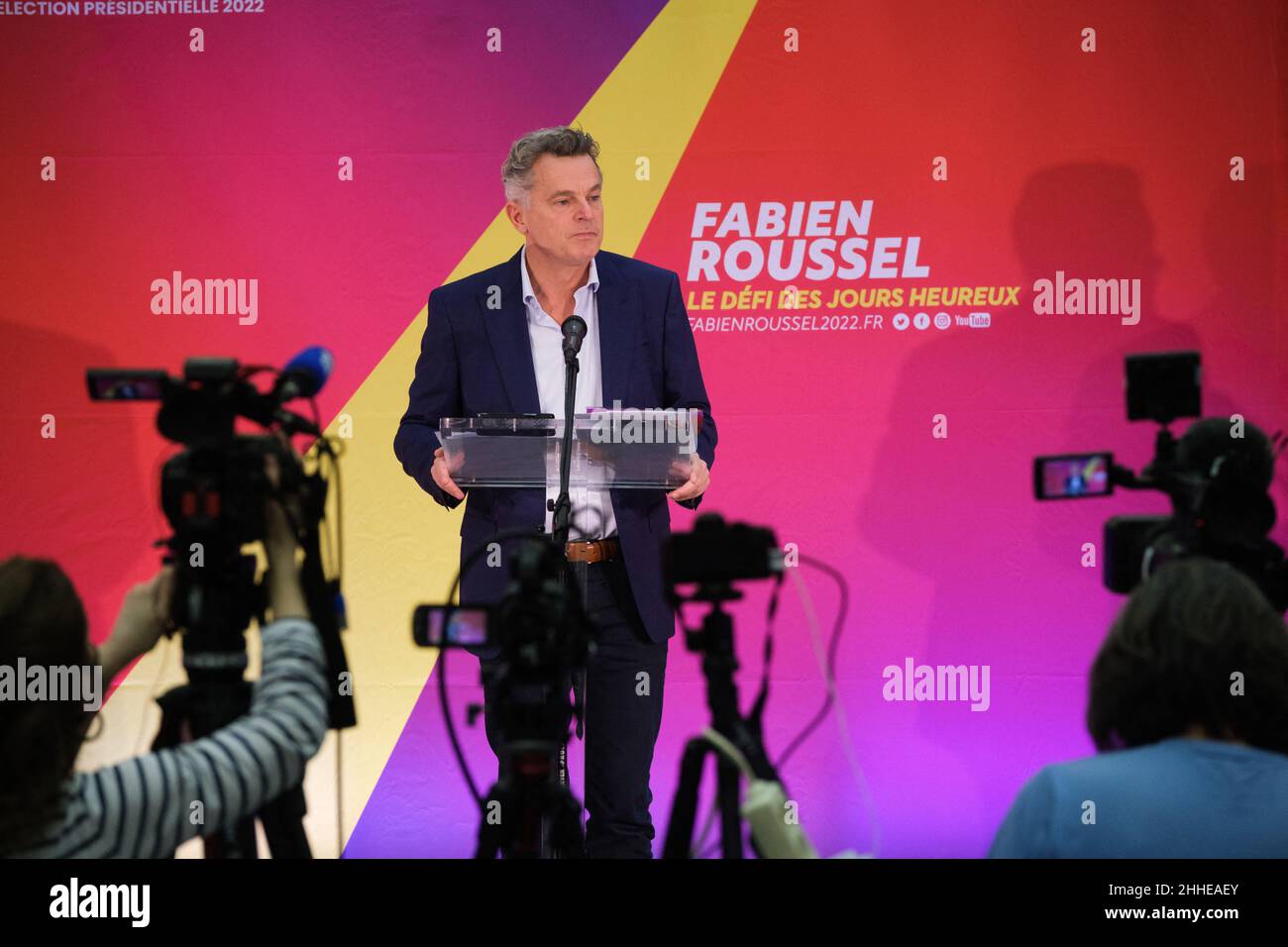 Presidential candidate of French communist party (PCF) Fabien Roussel gives a press conference to present his programm at the party's headquarters in Paris, France on January 24, 2022. Photo by Pierrick Villette/ABACAPRESS.COM Stock Photo