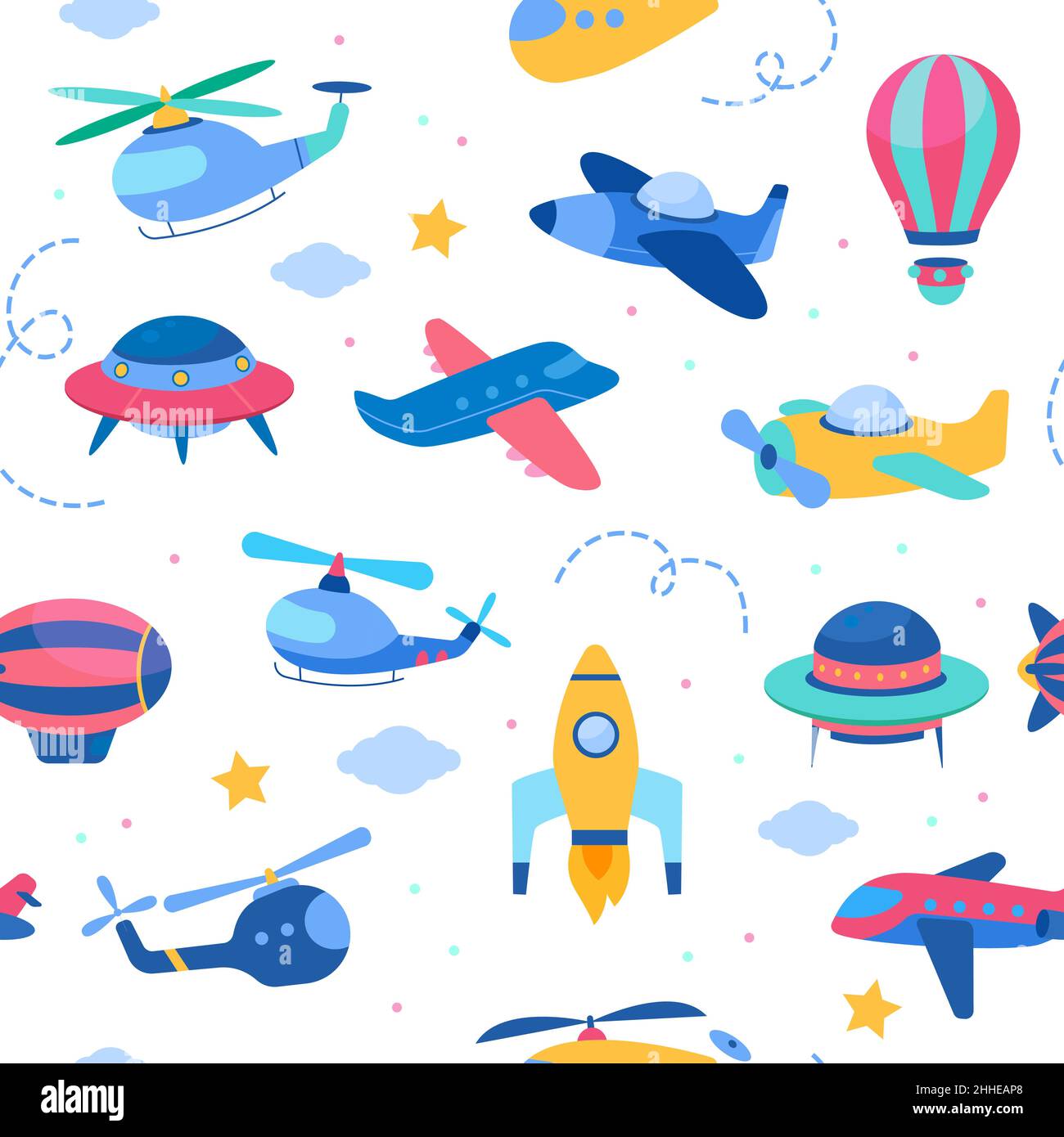 Vetor de Cosmic background. UFO, alien in love seamless pattern in doodle  style. Children's contour illustrations with Flying Saucers. Print sample  for fabric, wallpaper do Stock