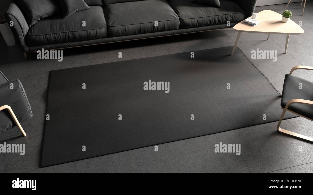 Blank black rectangular interior carpet in room mockup, top side Stock Photo