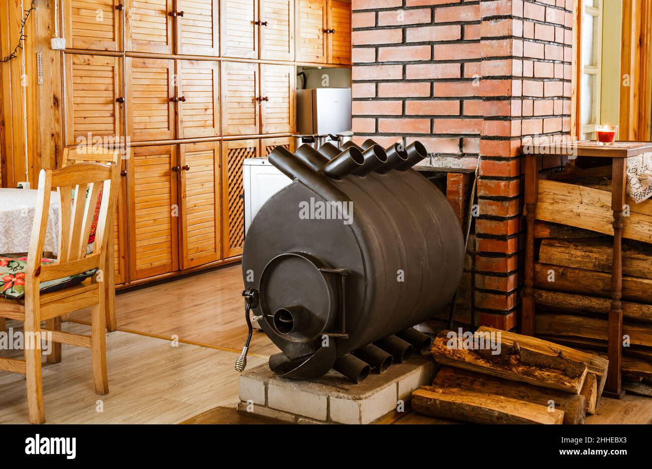 Bullerjan home wood burn stove heating device in wooden cottage home