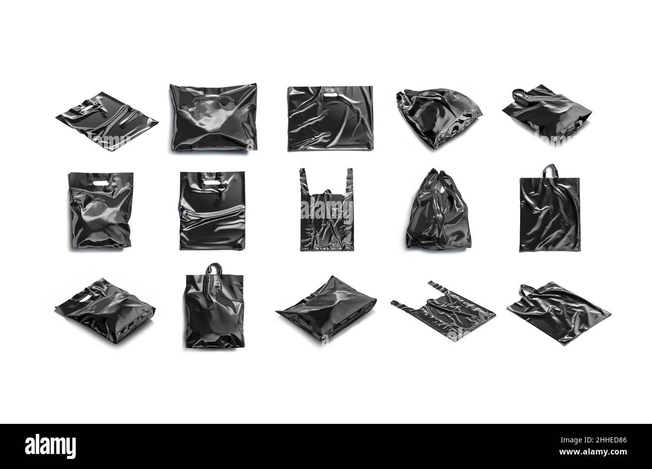 Blank black plastic bag mockup, top side view, different types Stock Photo Alamy