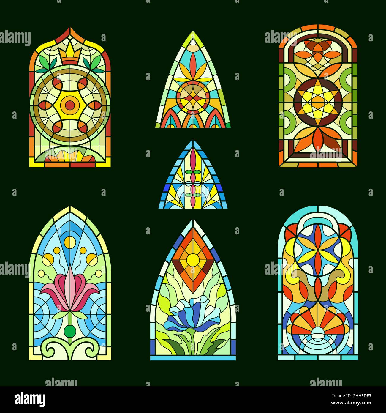 Stained glass windows. Church cathedral decorative transparent colored windows frame with piece