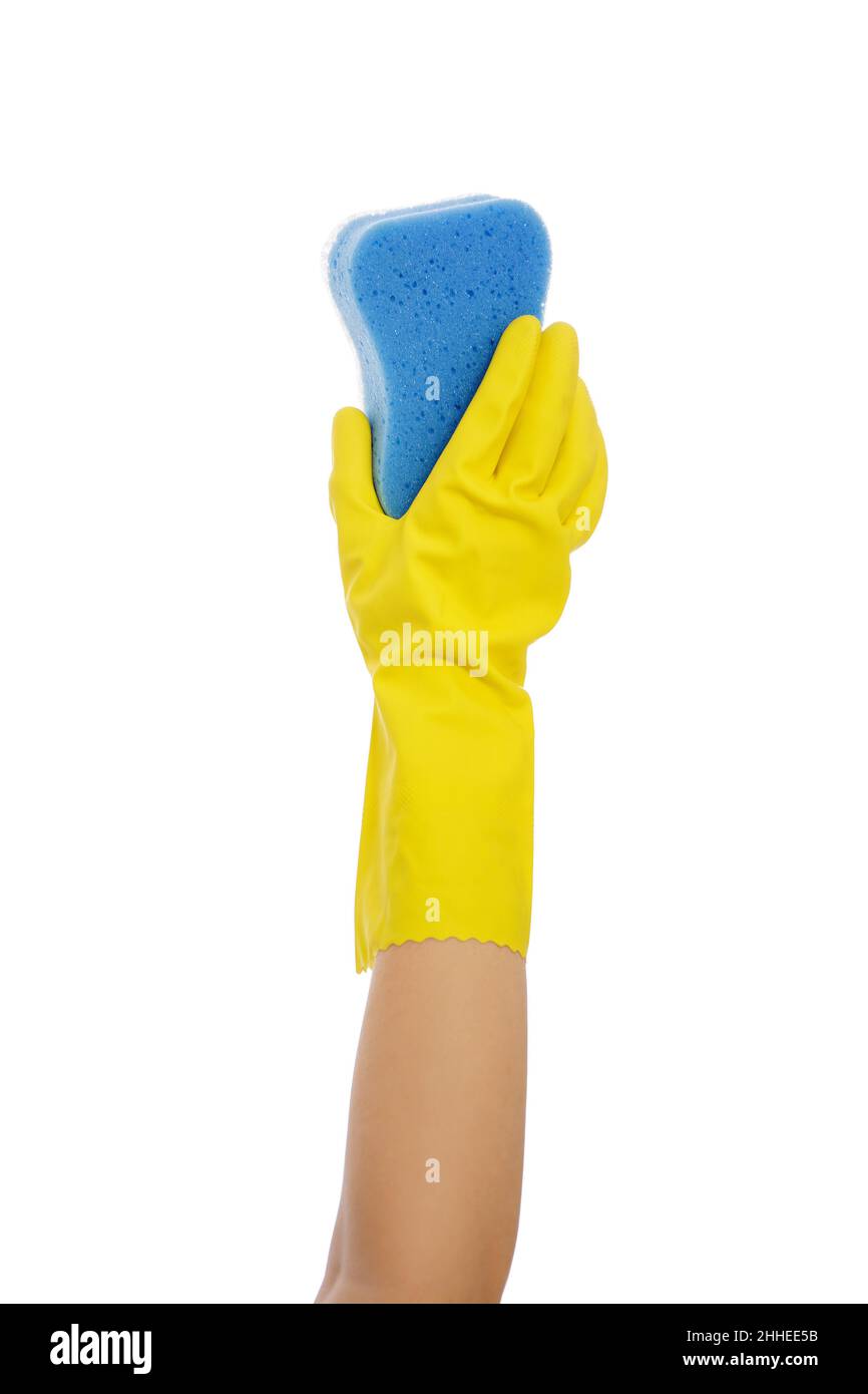 cleaning concept - hand in yellow rubber glove holding blue sponge ...