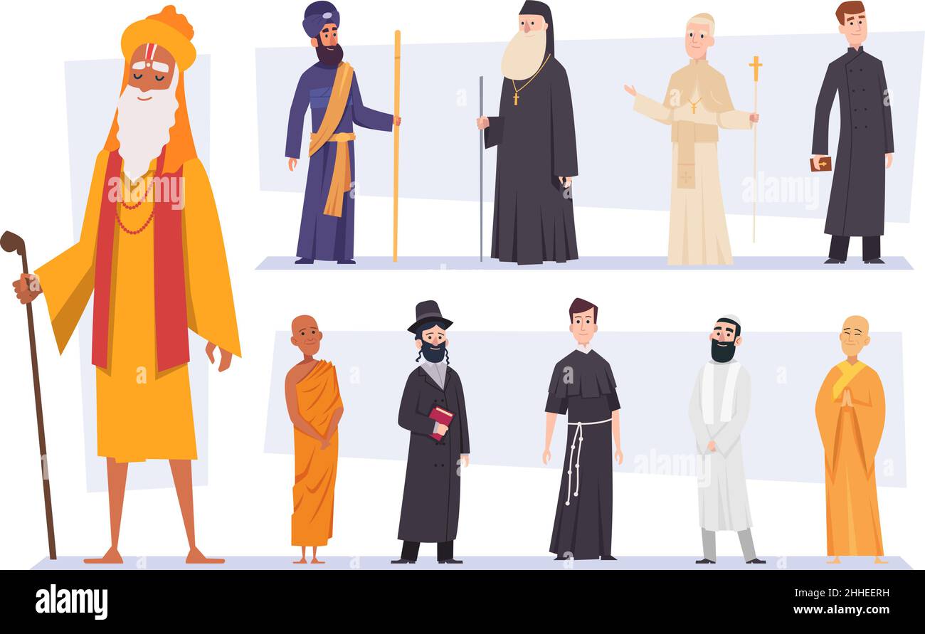 Religion peoples. Spiritual leaders religion guru of various confession christianity hindus monk arabic priests exact vector flat colored persons Stock Vector