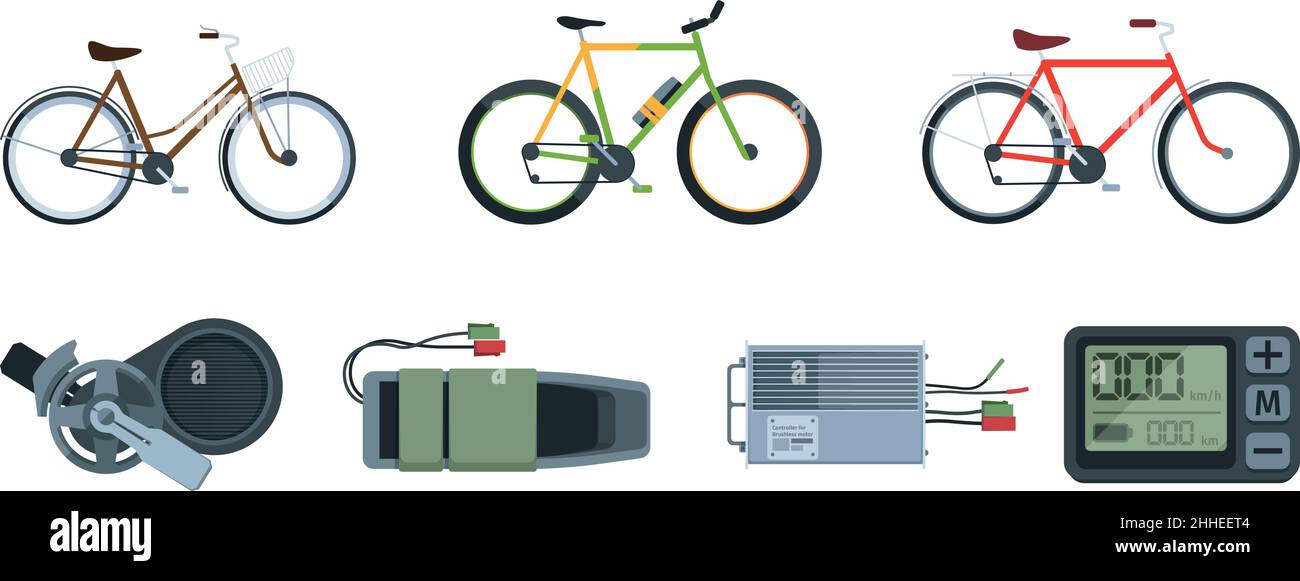 Electro bike. Eco urban transport moving from electricity bicycle equipment wheels motor gears pedals engine garish vector flat illustration Stock Vector