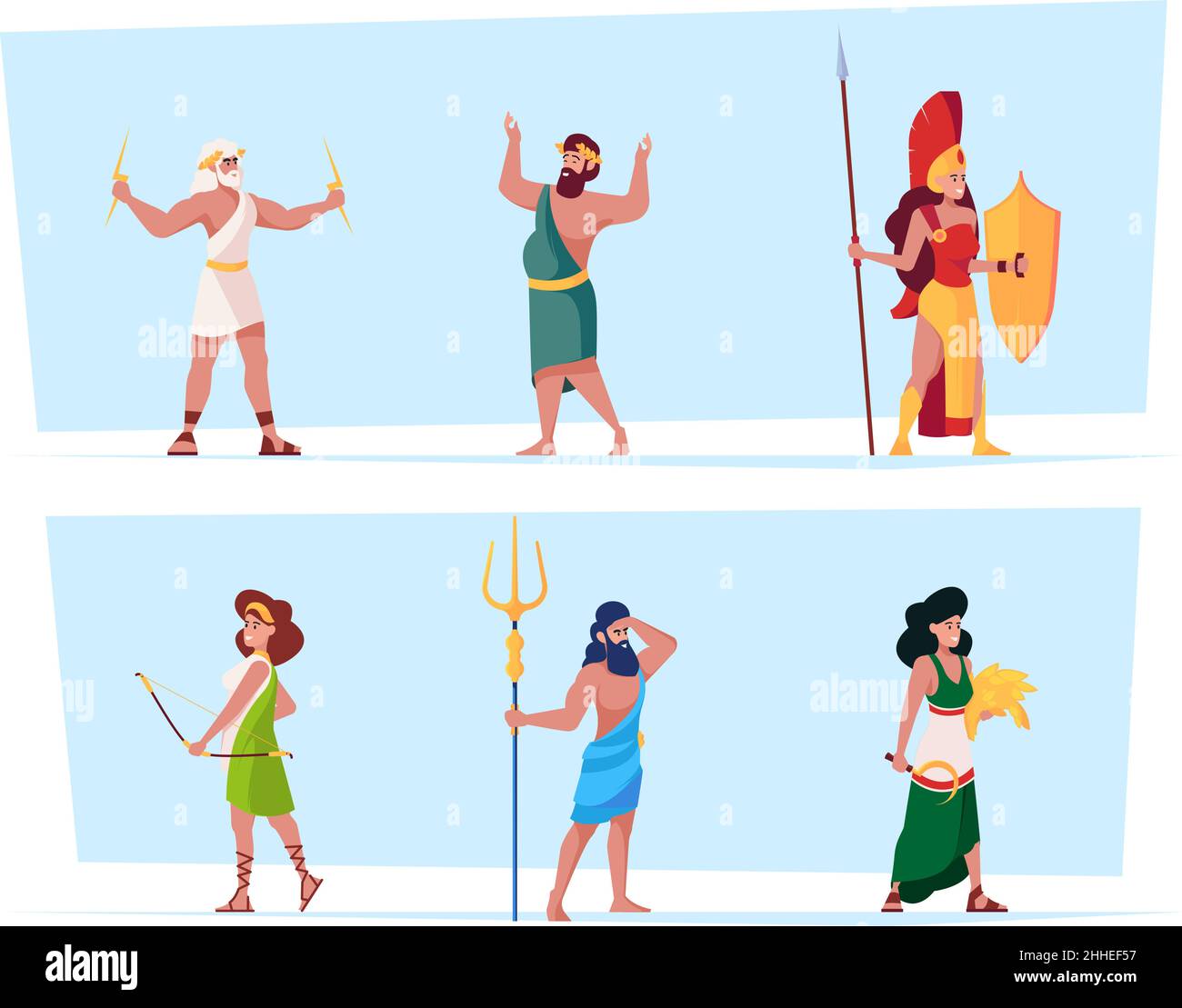 Greek mythology characters. Ancient goddess from pantheon romans persons hestia mars female godly on olympus garish vector flat templates Stock Vector