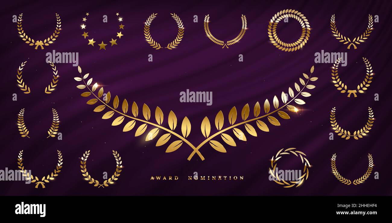 Award prize set, gold laurel wreath and stars on purple curtain vector illustration. Golden winner nomination emblem, festival ceremony luxury invitat Stock Vector