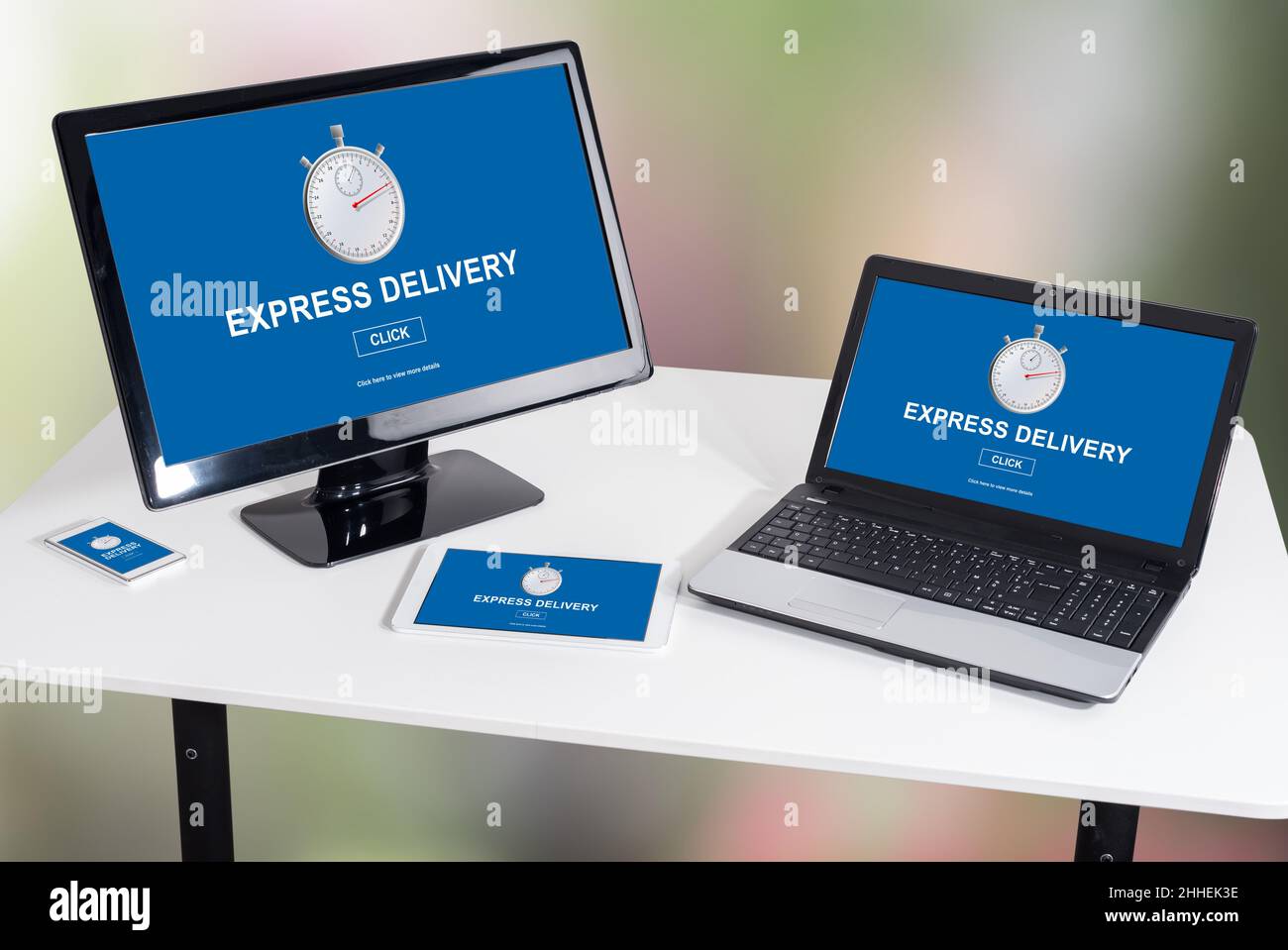 Express delivery concept shown on different information technology ...