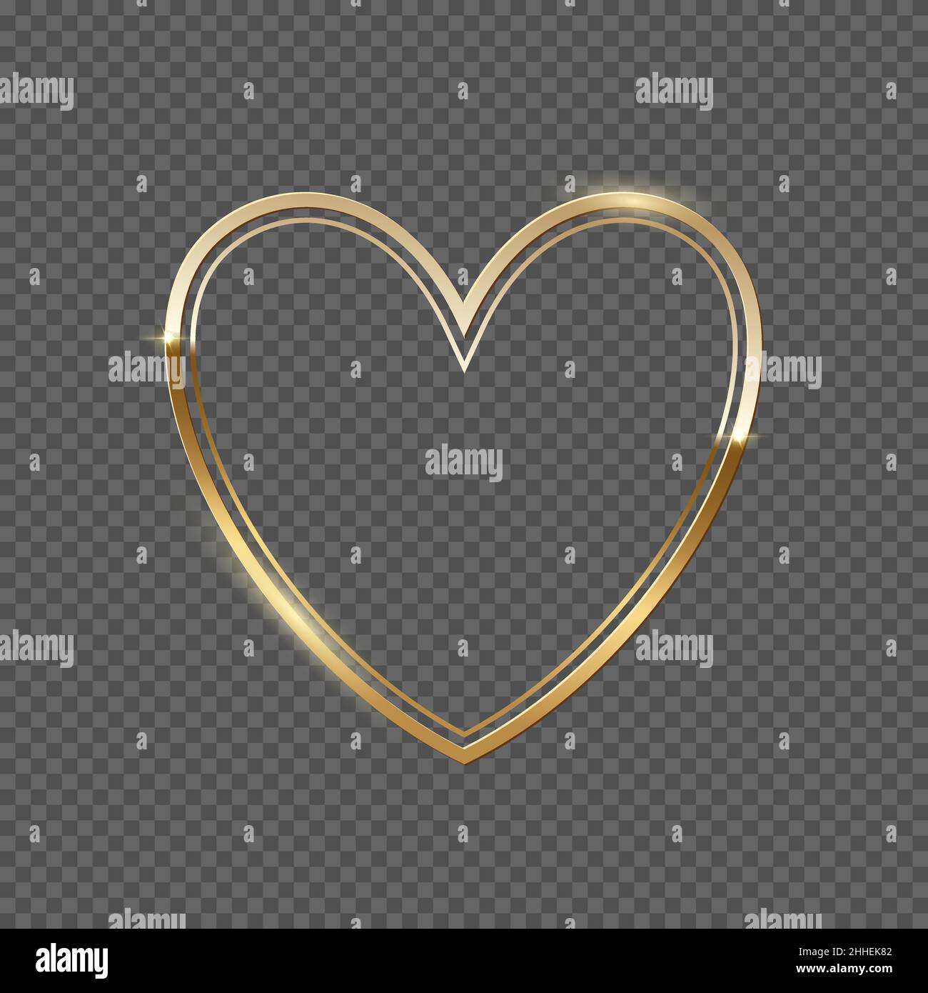 Double Golden Frame With Heart Shape Vector Illustration. Realistic 3d 