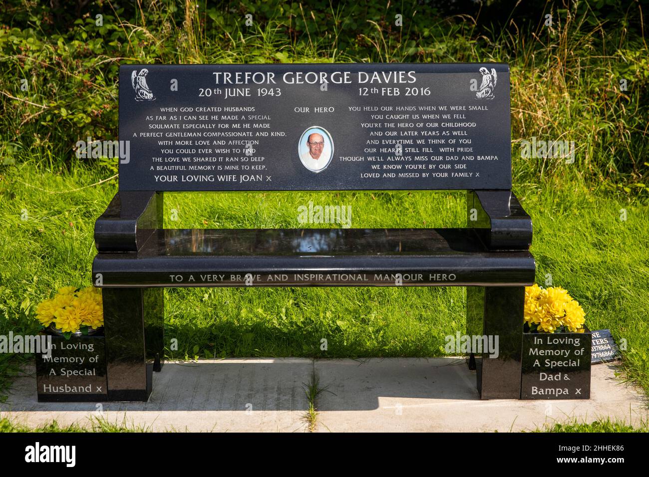 UK, Wales, Merthyr Tydfil, Cefn coed y cymmer, memorial bench to Trefor George Davies on old railway viaduct Stock Photo