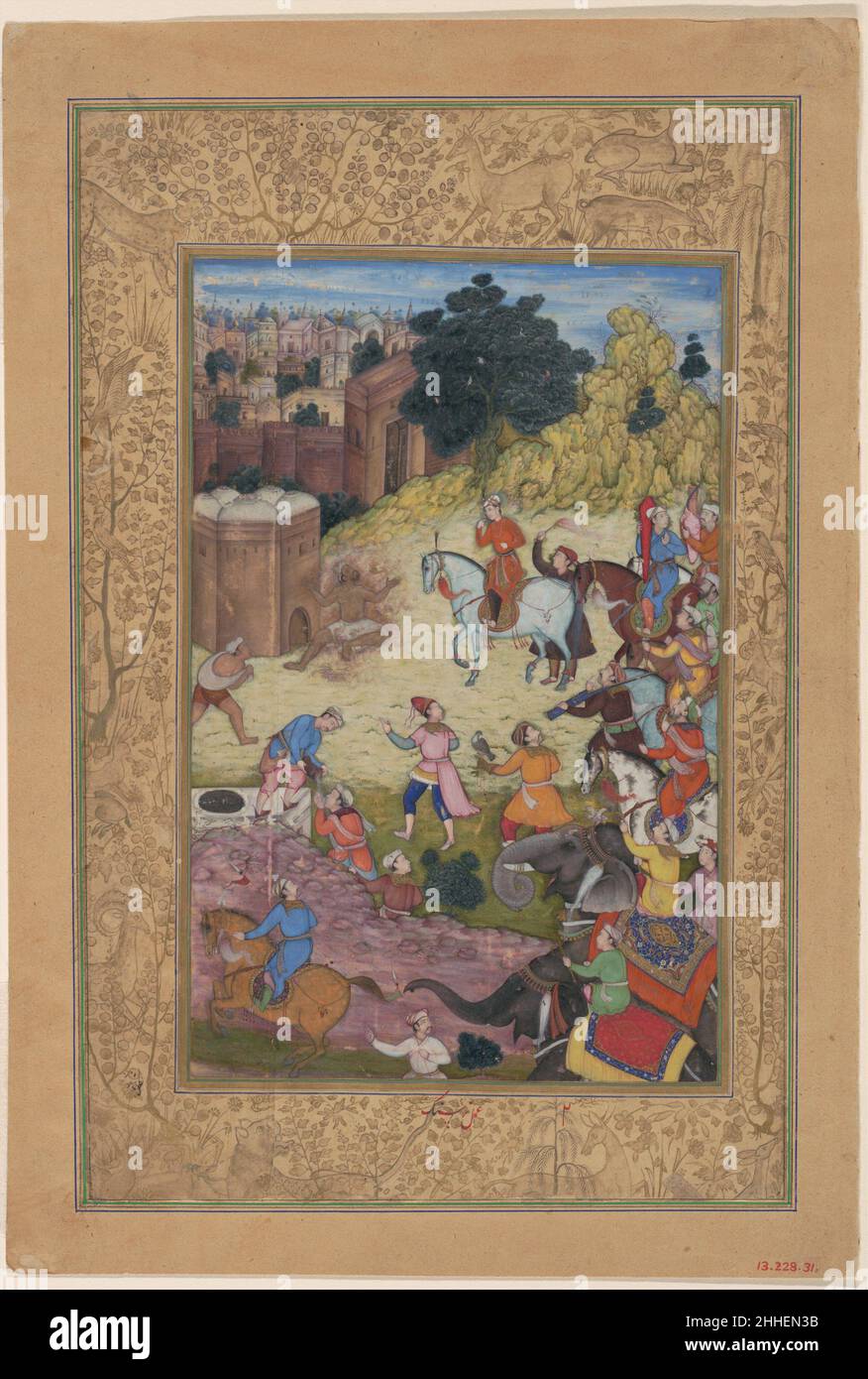 'A Bathhouse Keeper is Consumed by Passion for his Beloved', Folio from a Khamsa (Quintet) of Amir Khusrau Dihlavi 1597–98 Amir Khusrau Dihlavi Matla’ al-Anwar (Rising of the Luminaries), the first poem of Amir Khusrau Dihlavi’s Quintet, is comprised of 3310 verses compiled approximately in twenty Maqalat (didactic discourses). Matla’ al-Anwar is a response by Amir Khusrau to Nizami Ganjavi’s Makhzan al-Asrar. Painted at Lahore by Nar sing, this painting shows a bathhouse keeper who falls in love when he sees the king on his visit with his retinue. Attention gained by the King, stokes the heat Stock Photo