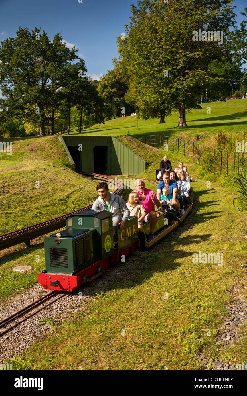 UK, Wales, Merthyr Tydfil, Cyfartha Castle Park, passengers on miniature railway Stock Photo