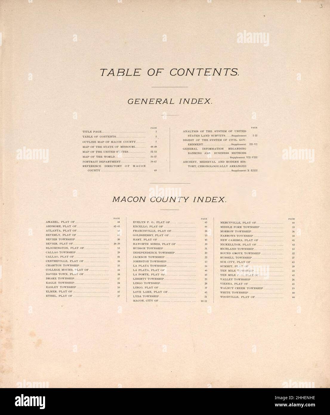 Standard atlas of Macon County, Missouri - including a plat book of the  villages, cities and townships of the county, map of the state, United  States and world - farmers directory, reference