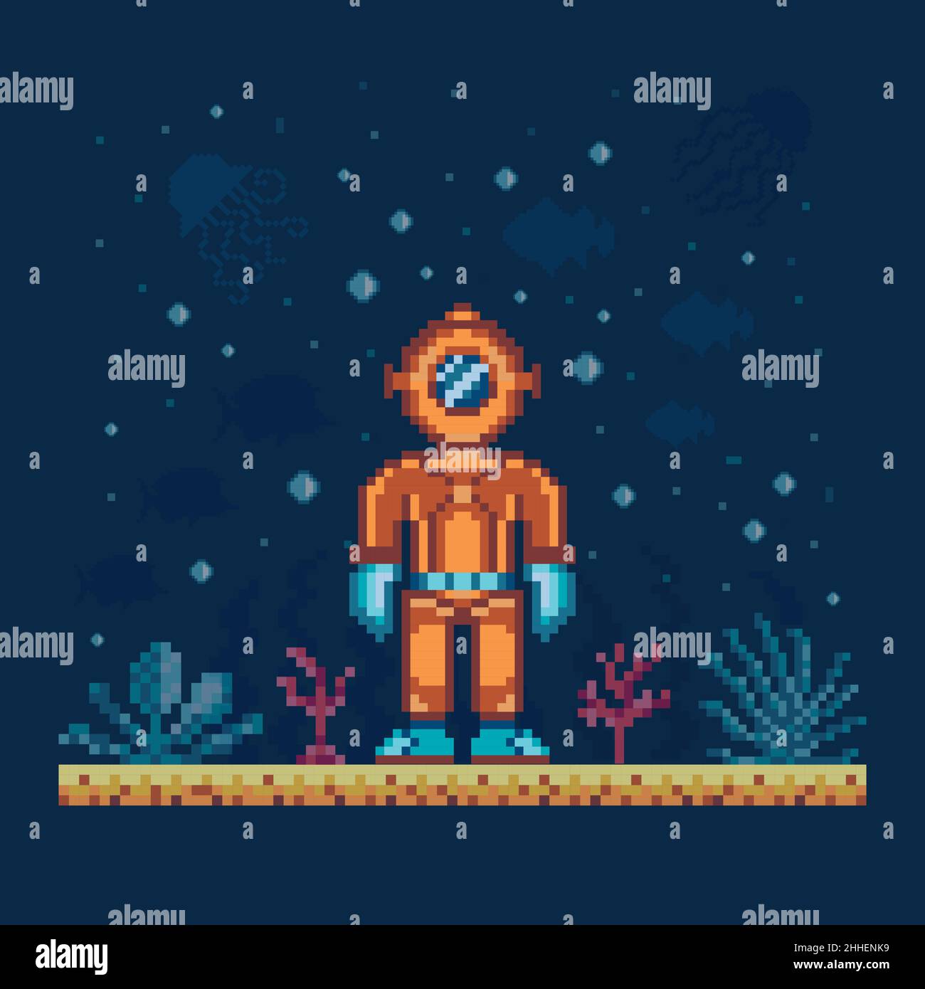 Vintage Deep Sea Diver on Seabed Landscape Stock Vector