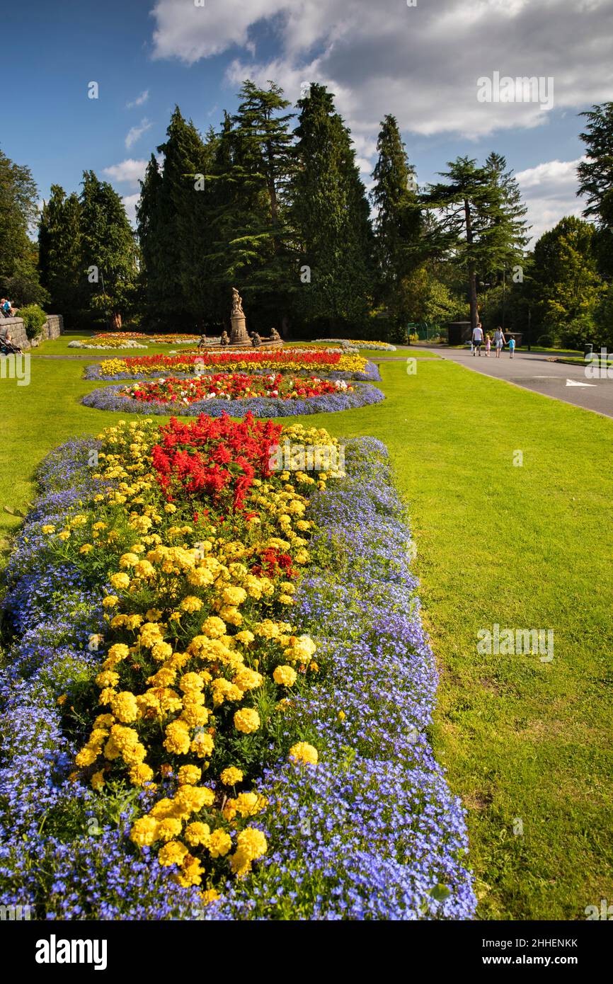 UK, Wales, Merthyr Tydfil, Cyfartha Castle Park, colourful flower beds Stock Photo