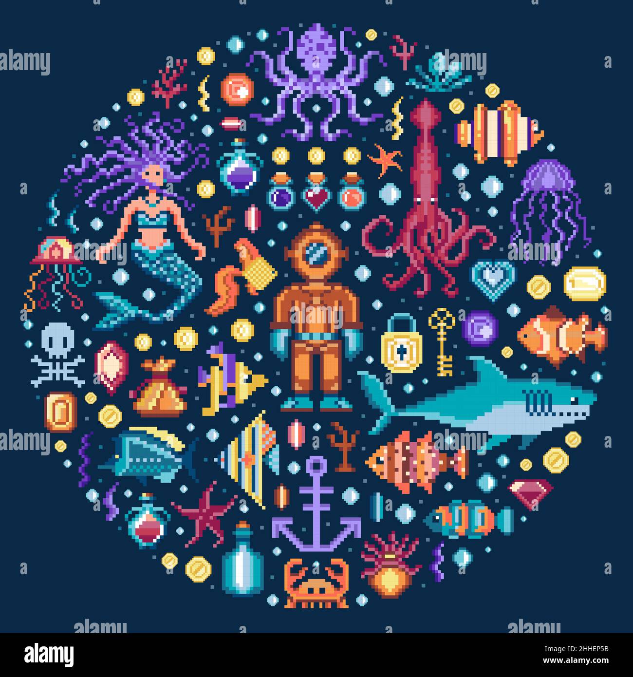 Pixel Art Underwater Adventure 8 bit Print Stock Vector
