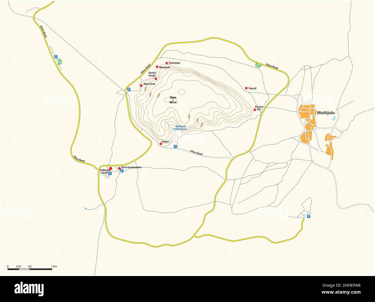 Map of Mount Uluru, Ayers Rock in the central Australian desert Stock Vector