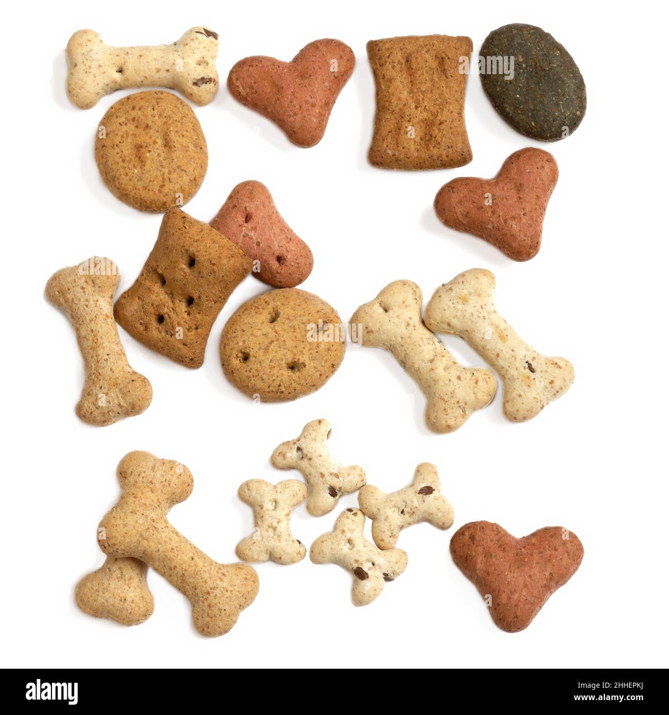 healthy tasty dog biscuits treats different shapes in an arrangement used for training and occasions on a white isolated background  macro shot Stock Photo