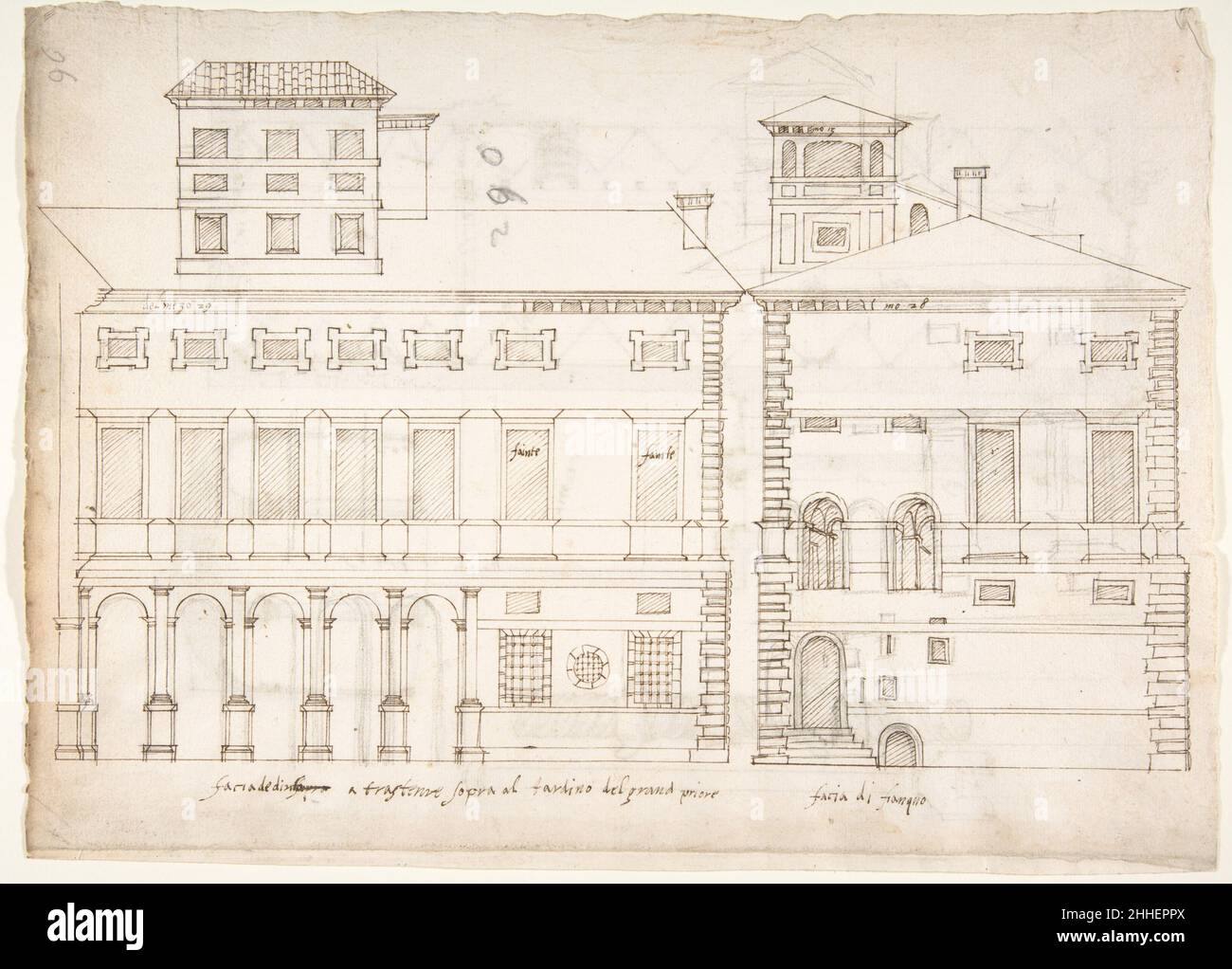 Palazzo Salviati-Adimari elevations (recto) Villa Farnesina stables, plan and section; drawing of a screw (verso) early to mid-16th century Drawn by Anonymous, French, 16th century French. Palazzo Salviati-Adimari elevations (recto) Villa Farnesina stables, plan and section; drawing of a screw (verso)  360494 Stock Photo