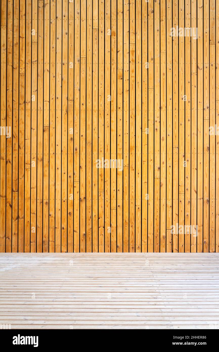 New vertical wooden plank wall and a wood floor Stock Photo