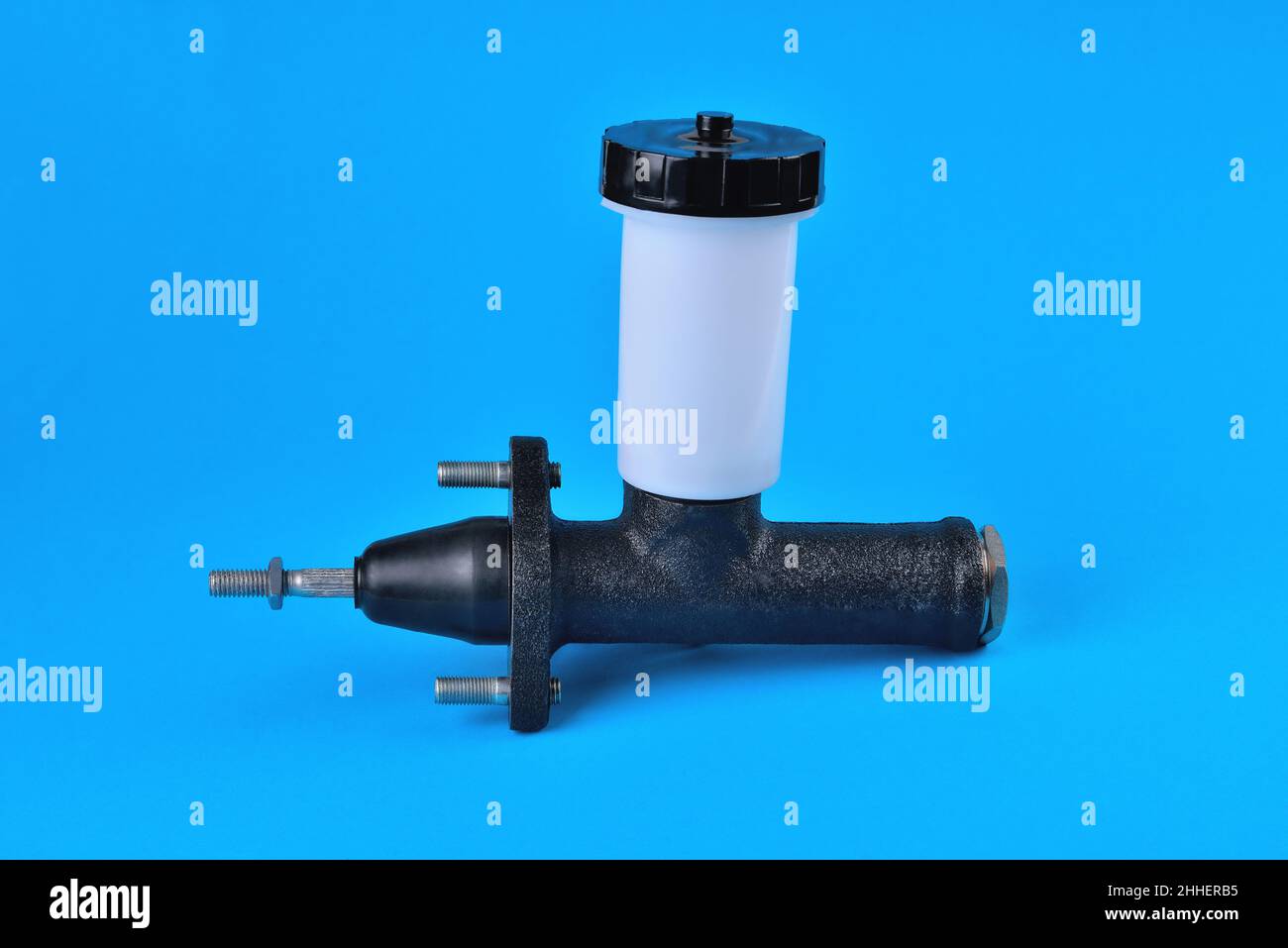 Car brake master cylinder with fluid reservoir and pusher, blue