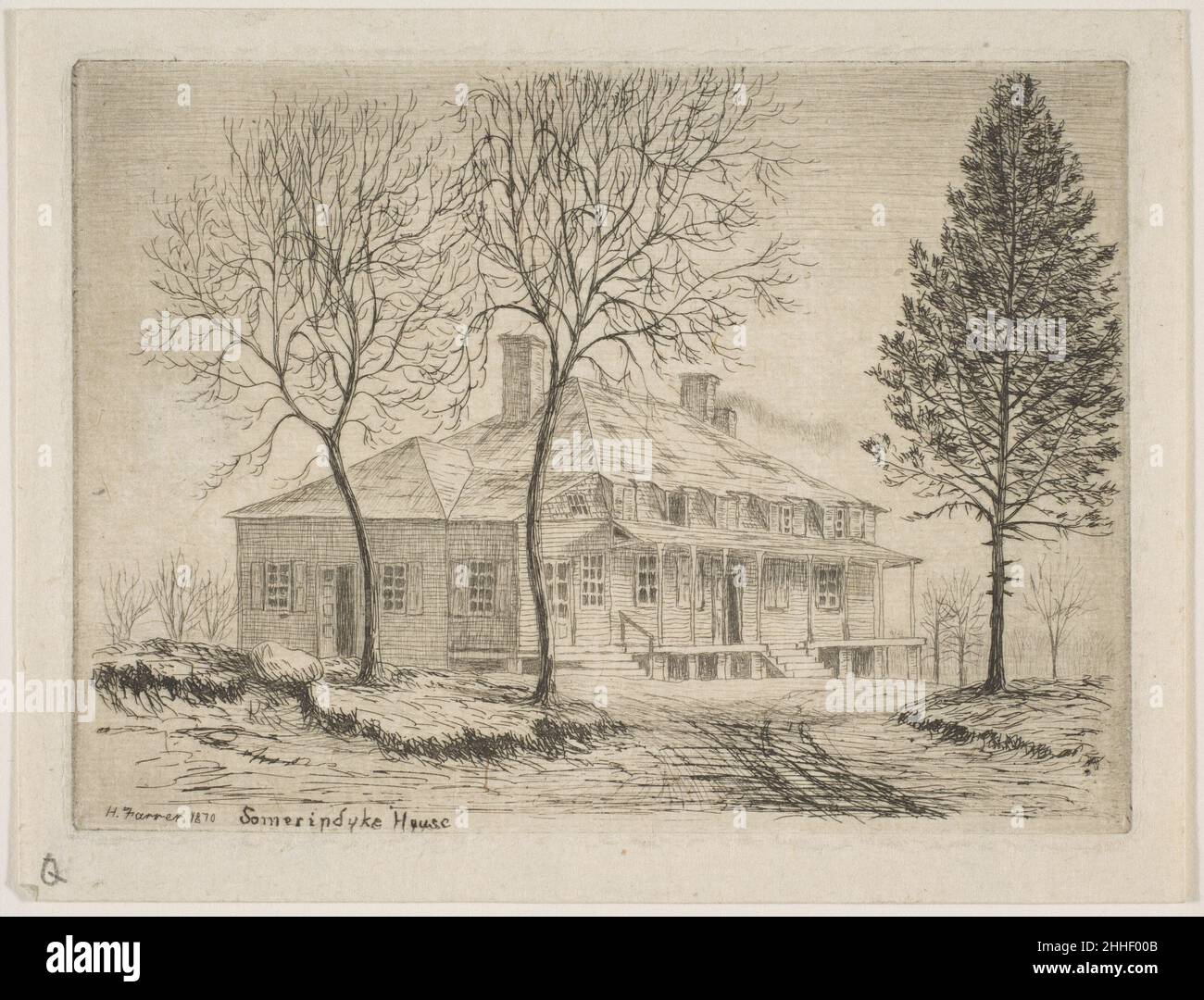 Somerindyck House, Bloomingdale Road (from Scenes of Old New York) 1870 Henry Farrer American. Somerindyck House, Bloomingdale Road (from Scenes of Old New York)  380986 Artist: Henry Farrer, American, London 1844?1903 New York, Somerindyck House, Bloomingdale Road (from Scenes of Old New York), 1870, Etching, plate: 3 1/16 x 4 3/16 in. (7.8 x 10.7 cm) sheet: 3 9/16 x 4 5/8 in. (9.1 x 11.8 cm). The Metropolitan Museum of Art, New York. The Edward W. C. Arnold Collection of New York Prints, Maps and Pictures, Bequest of Edward W. C. Arnold, 1954 (54.90.924) Stock Photo