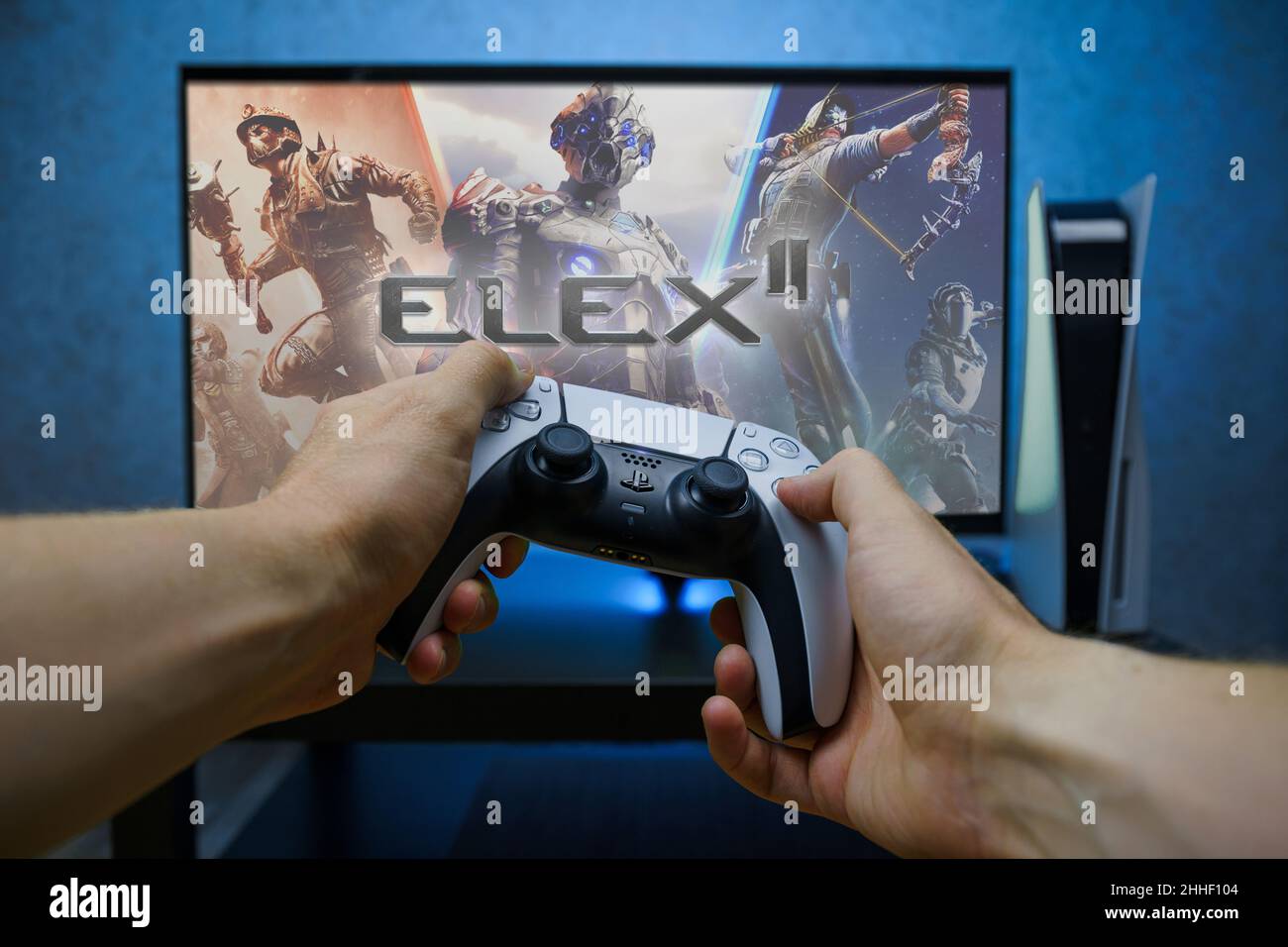 ELEX II video game. Point of view angle of playing video game with Playstation 5 console. Stock Photo