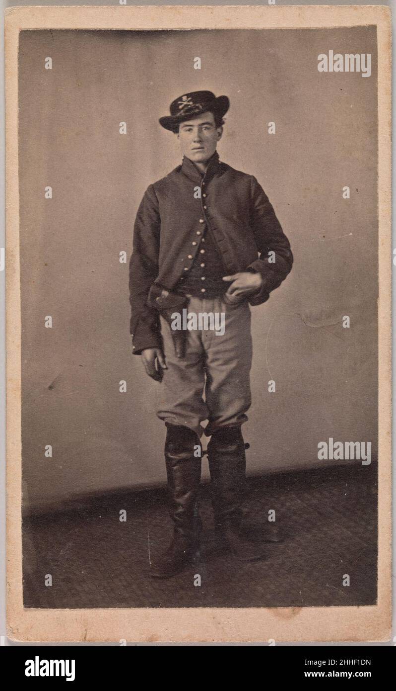 [Union Cavalry Soldier with Pistol in Holster] 1861–65 Tappin's Photograph Art Gallery The belief in the power of the photographic image during the war years—in both field views and portraits—is astonishing. This act of democratic self-representation is where the pathos and poignancy of Civil War photography come through most clearly: in the seemingly straightforward, transparent, and affecting stare of Johnny Reb and Billy Yank—here, in the guise of an unknown cavalryman from Indiana.. [Union Cavalry Soldier with Pistol in Holster]. Tappin's Photograph Art Gallery (American, active 1860s). 18 Stock Photo