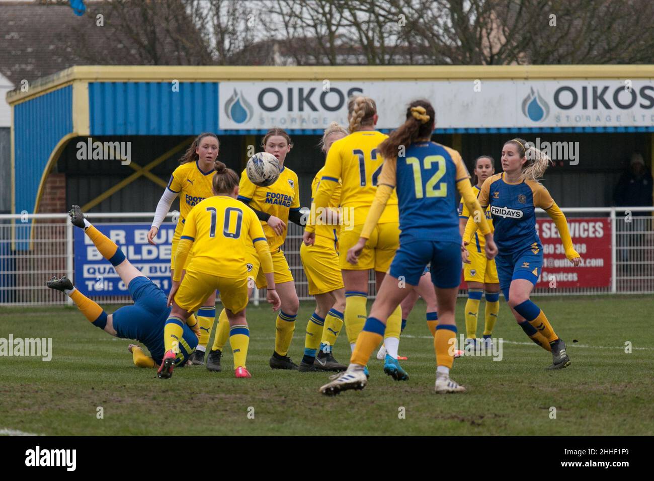 Canvey Island, UK. 23rd Jan, 2022. Canvey Island, England, January 23rd, 2022 Hashtag United and AFC Wimbledon battle for the ball in the FA Women's National League SE Division 1 at Park Lane, Canvey Island, England Danielle Ward/SPP Credit: SPP Sport Press Photo. /Alamy Live News Stock Photo