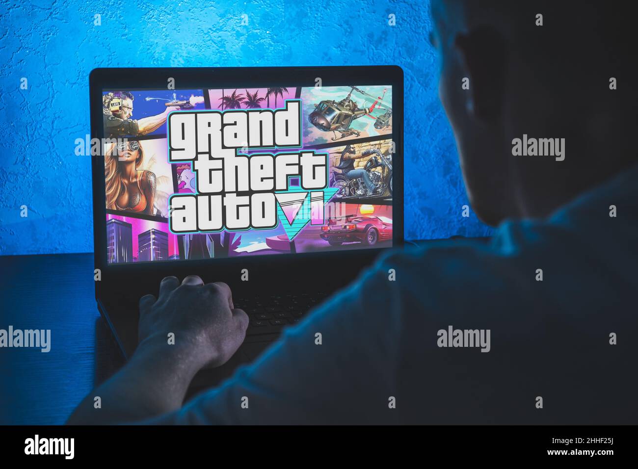 GTA VI video game. Point of view video gaming on PC. Playing computer video game. Stock Photo