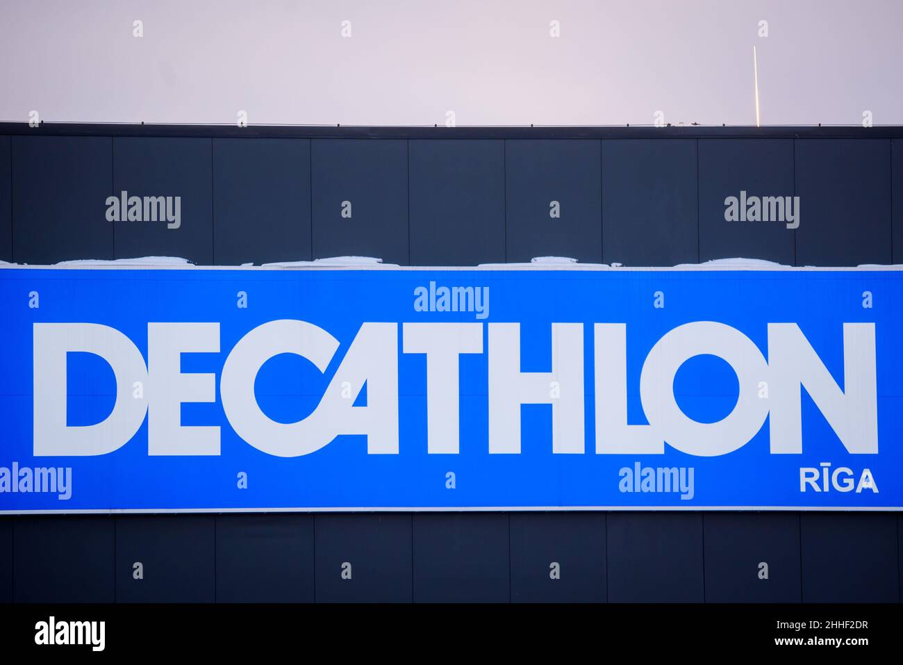 RIGA, LATVIA. 15th January 2021. Decathlon logo on store. Decathlon is french sporting goods retailer. Stock Photo