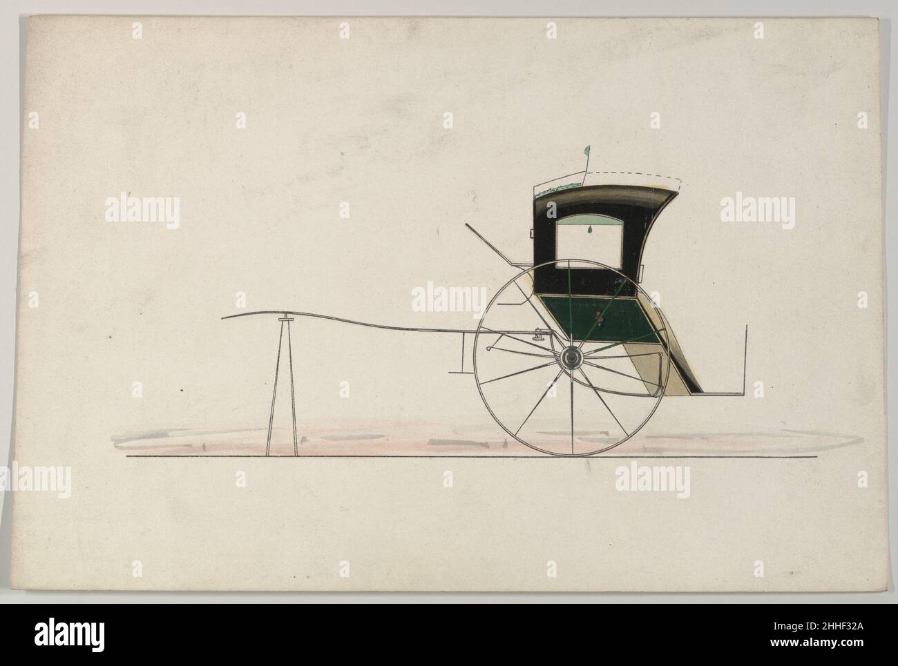 Design for Reverse Body Hansom Cab (unnumbered) 1850–74 Brewster & Co. American Brewster & Company HistoryEstablished in 1810 by James Brewster (1788–1866) in New Haven, Connecticut, Brewster & Company, specialized in the manufacture of fine carriages. The founder opened a New York showroom in 1827 at 53-54 Broad Street, and the company flourished under generations of family leadership. Expansion necessitated moves around lower Manhattan, with name changes reflecting shifts of management–James Brewster & Sons operated at 25 Canal Street, James Brewster Sons at 396 Broadway, and Brewster of Bro Stock Photo