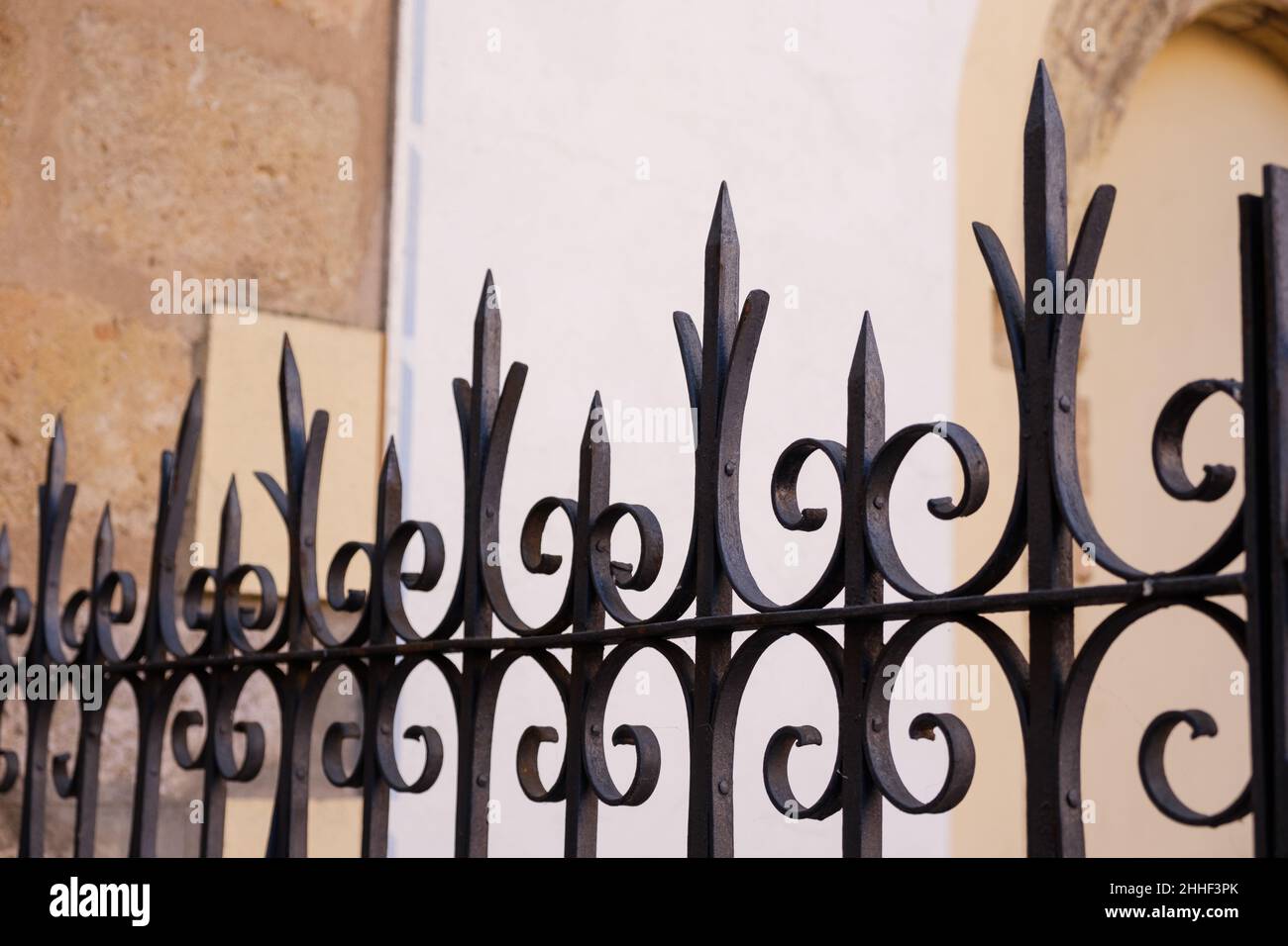 wrought iron security gate with decoration. Property protection Stock Photo