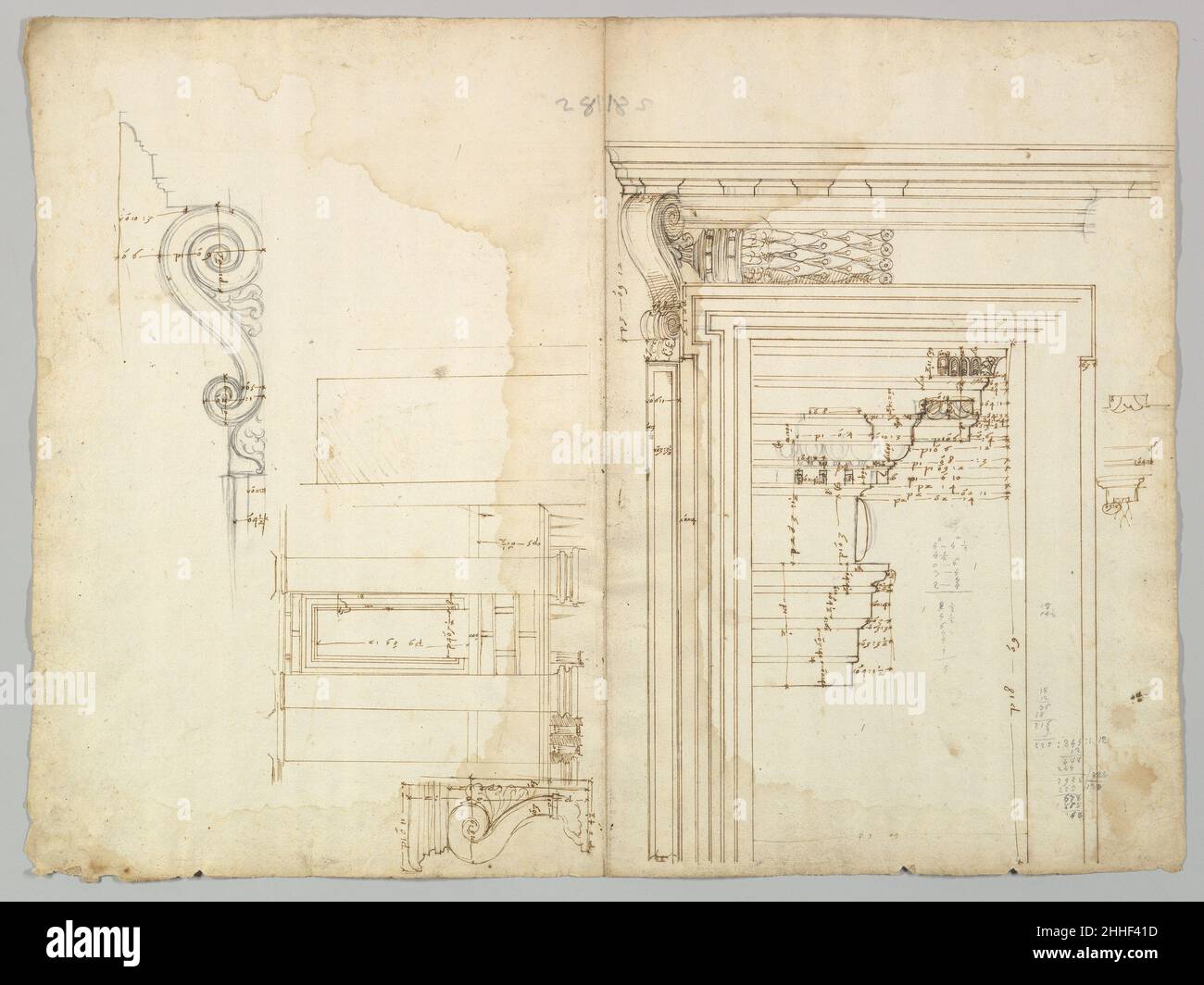 Palazzo Massimo alle Colonne, portico, elevation; portal, cornice, section; portal bracket, detail; fireplace, detail (recto) blank (verso) early to mid-16th century Drawn by Anonymous, French, 16th century French. Palazzo Massimo alle Colonne, portico, elevation; portal, cornice, section; portal bracket, detail; fireplace, detail (recto) blank (verso)  360456 Stock Photo