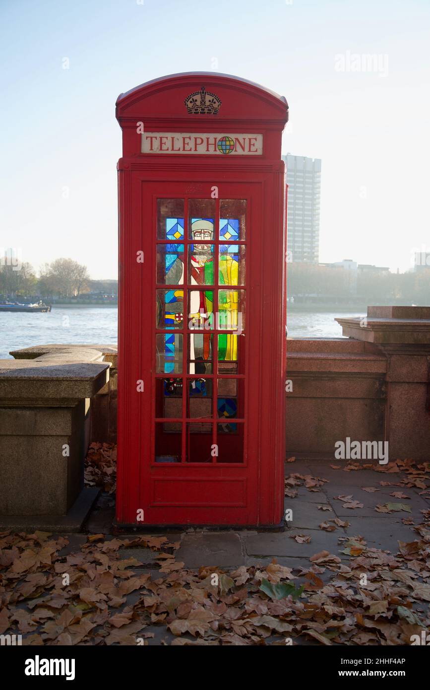 London phonebox with a Stained Glass Window, Embankment, London Stock Photo